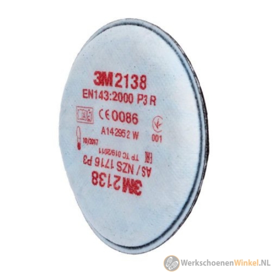 Afbeelding van 3M 2138 Stoffilter P3 R, latexvrij en voldoet aan de EN 143-normering (20 stuks)