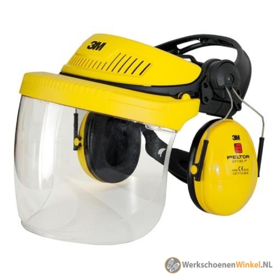 Afbeelding van Krachtige 3M complete veiligheidsset met Optime I gehoorkap en polycarbonaat vizier (geel)
